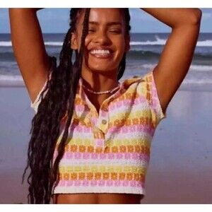 Free People Babe Town Polo Shirt XS Floral Short Sleeve Button Up